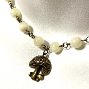 Natural Pale Green Serpentine Necklace, Bronze Round Mushroom + Genuine Gemstone